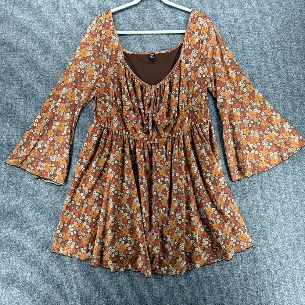Womens Top Plus Size 5X Brown Floral Babydoll Flare Sleeve Peasant Boho Cottage